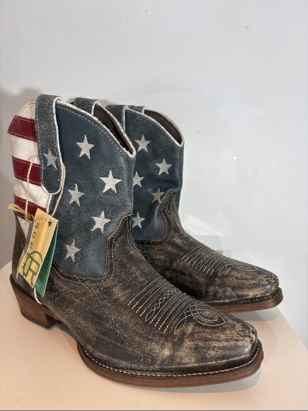 Roper USA Flag Cowboy Boots Distressed Leather Western Boots Size 8 NWT no box
